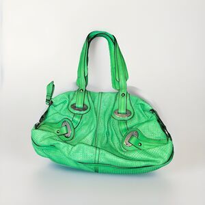 B Makowsky Green Leather Perforated Shoulder Handbag